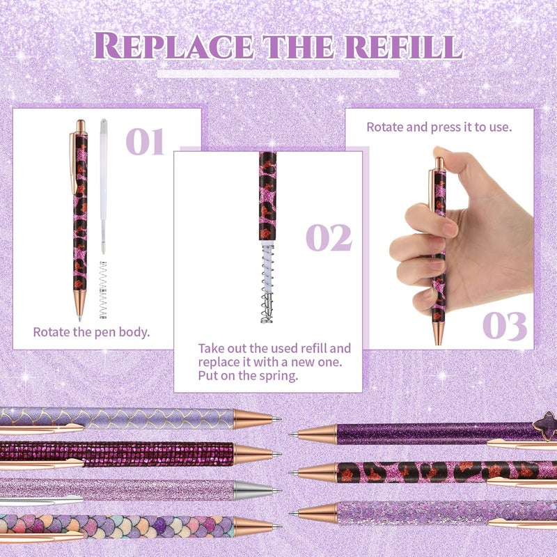 Sherr 7 Pcs Fancy Pens for Women Cute Sparkly Glitter Pens with 10 Pcs Black Ink Refills Pretty Gifts for Girls Office School Christmas Graduation(Purple,Stylish) - Image 3